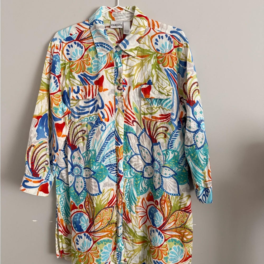 Chico's colorful Floral summer linen button up shirt - Picture 2 of 6